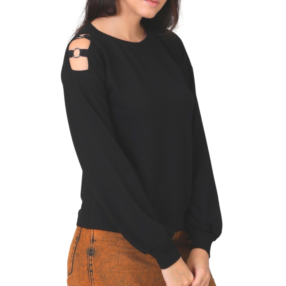 Maude Vivante Teress Knit Top Small Black Ring Cold Shoulder Cutout Long Sleeve